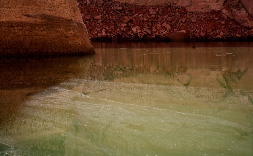 Water sparkles on a shrinking Lake Powell near the Cathedral in the Desert in Glen Canyon.