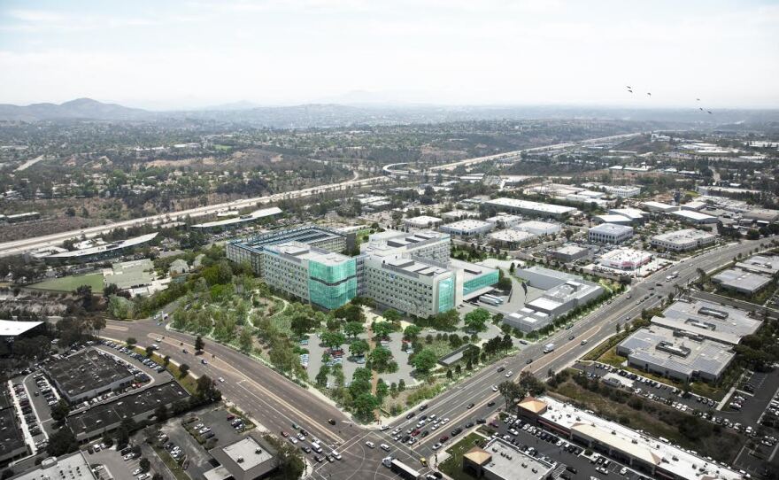 An artist's rendering of the new Kaiser Permanente hospital in San Diego, looking southeast from the intersection of Clairemont Mesa Boulevard and Ruffin Road. The hospital is expected to open in 2017.