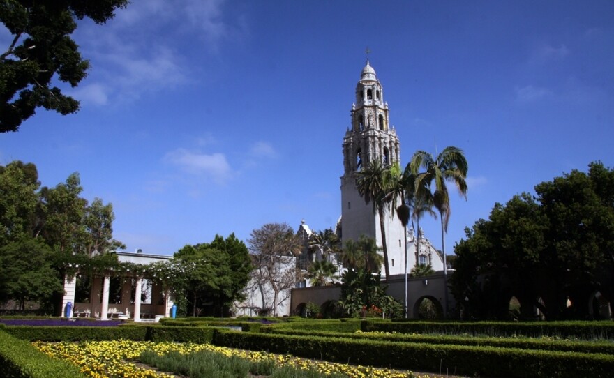 The California Tower is seen from Alcazar Garden in this undated photo.