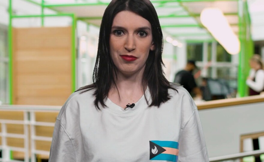 Warren wears one of her favorite items from her collection: a T-shirt from the disastrous Fyre Festival.