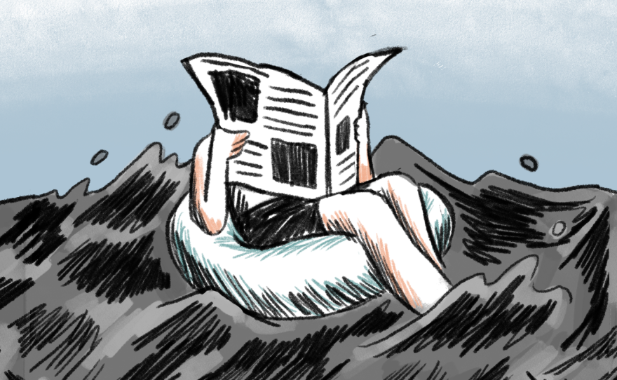 An illustration showing a person reading a newspaper while floating on an inner tube above black water.
