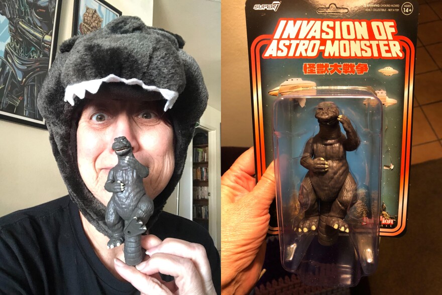 Beth Accomando welcoming her victory dancing Godzilla ReAction figure from Super7 San Diego.