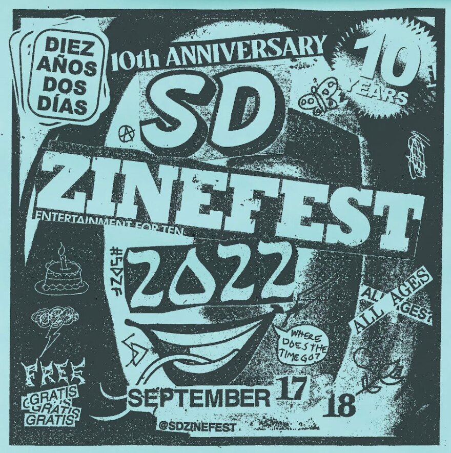 Poster for the 2022 San Diego Zine Fest, happening Sept. 17-18, 2022 at Bread and Salt.