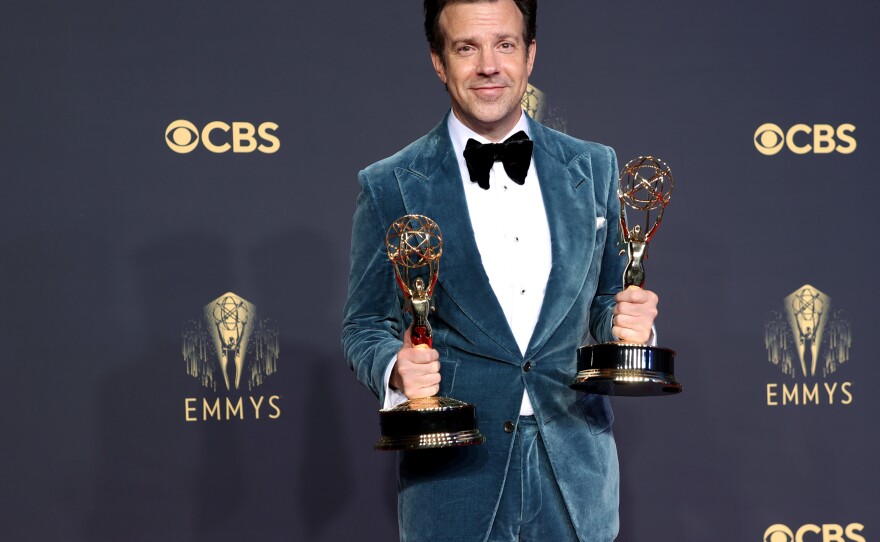 Jason Sudeikis poses in the press room during the Primetime Emmy Awards in September 2021.