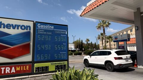 Gas prices are on the rise all over San Diego County as cars continue to fill up at a Chevron station in Chula Vista on March 5, 2026.