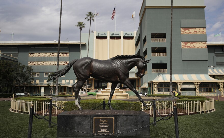 A statue of famous racehorse Zenyatta at Santa Anita Park in Arcadia, Calif.