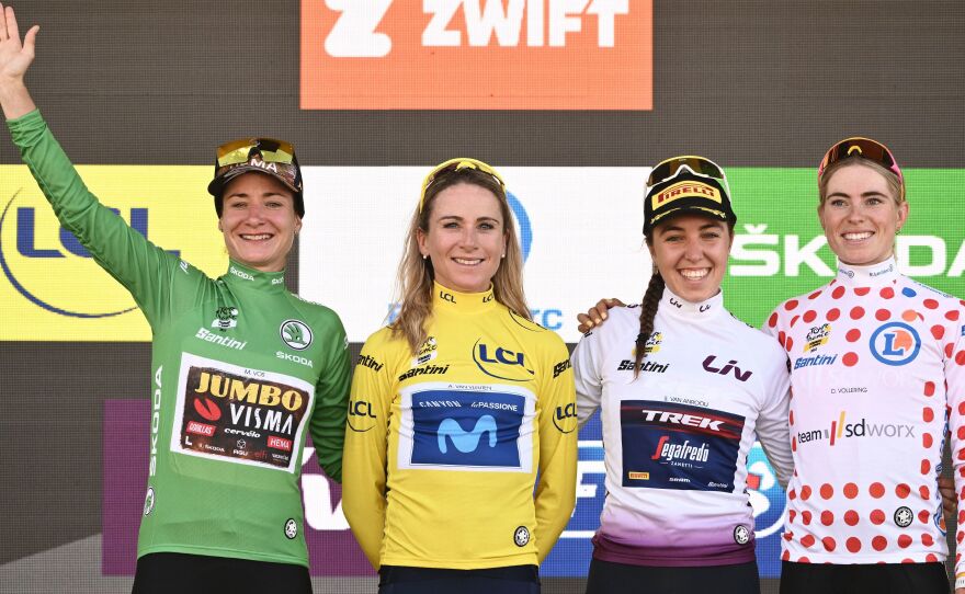After eight days of racing, Team Jumbo Visma's Marianne Vos finished in the green jersey for the top sprinter; Movistar Team's Annemiek van Vleuten wore the overall leader's yellow; Shirin van Anrooij of Trek-Segafredo wore the best young rider's white jersey; and Team SD Worx's Demi Vollering wore the best climber's polka-dotted jersey on July 31, 2022.