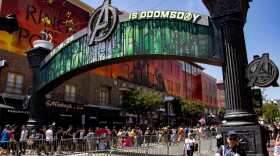 The Gaslamp District gates wrapped with Avenger Doomsday branding for Comic-Con, April 23, 2026.