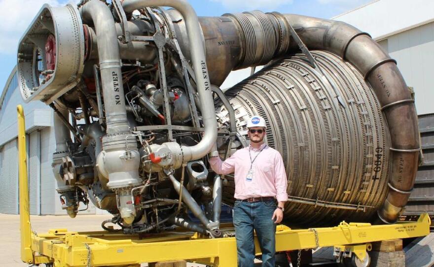 An F-1 engine, originally stored at the Smithsonian National Air and Space Museum in Washington, arrives at NASA's Marshall Space Flight Center in Huntsville, Ala. The engine's pristine condition made its components ideal for refurbishment and testing.