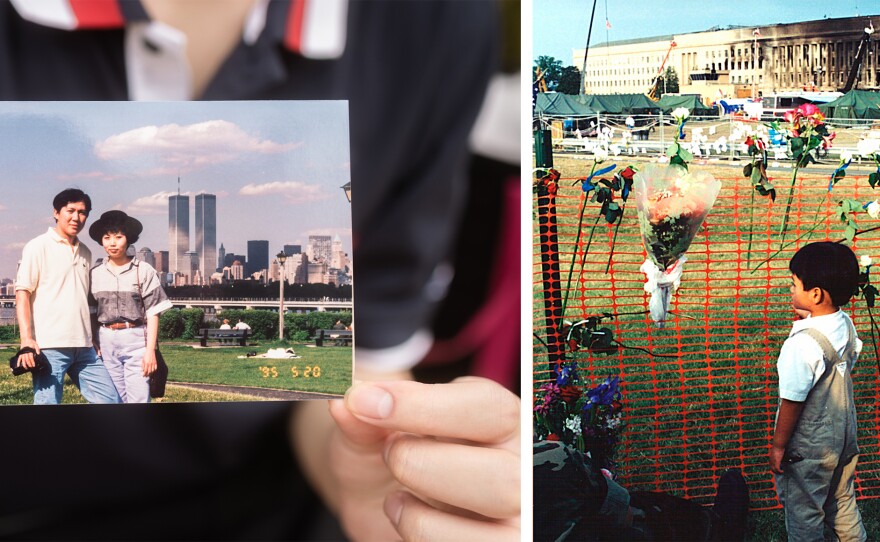 An Nguyen (left) holds a photo of his mother, Tu HoNguyen, and father, Khang Ngoc Nguyen, in front of the Twin Towers; young An Nguyen (right) stands outside the Pentagon, days after the attack.