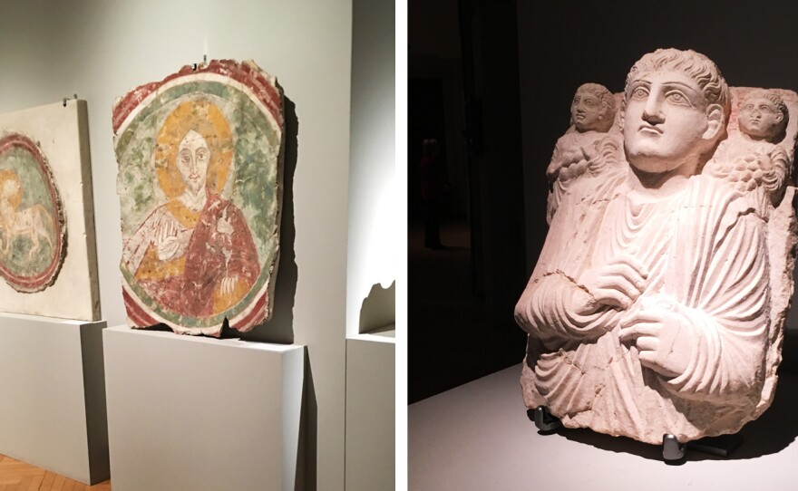 (Left) Two medieval frescoes were recovered after being stolen from a church in Guidonia, Italy, in 1978. (Right) A funerary sculpture dating back some 2,000 years was smuggled out of Palmyra, Syria.