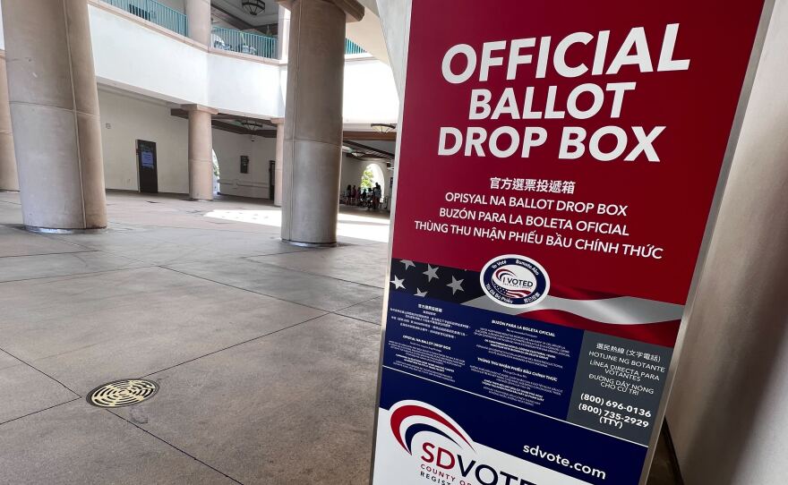 An official ballot drop box is seen on the campus of San Diego State University. Aug. 14, 2023.