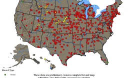 The red dots represent locations that set records in 2012 for average annual high temperatures.