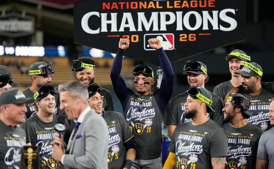 The Milwaukee Brewers celebrate after Game 4 of baseball's National League Championship Series between the Milwaukee Brewers and the Los Angeles Dodgers, Thursday, Oct. 15, 2026, in Los Angeles.