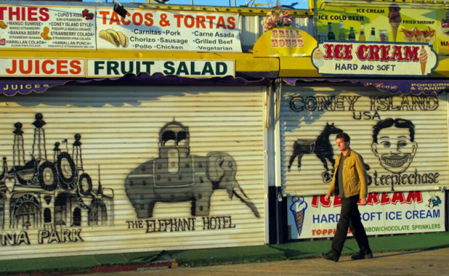 Host Dan Snow on the Coney Island boardwalk, New York City. 