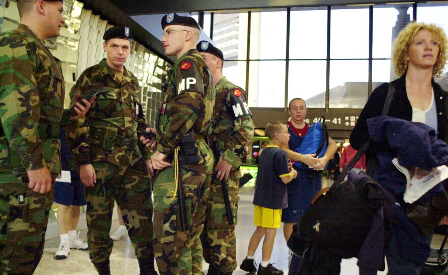 Military police from the Massachusetts National Guard on their first day of duty at Boston's Logan International Airport on Oct. 5, 2001. Several thousand National Guard troops were called up around the U.S. to ensure airport security in the wake of the 9/11 attacks.
