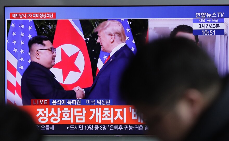 A TV screen shows file footage of President Trump and North Korean leader Kim Jong Un during a news program seen at the Seoul Railway Station in Seoul, South Korea, Wednesday. During Trump's State of the Union address, he announced that the second summit with the North Korean leader will take place this month.