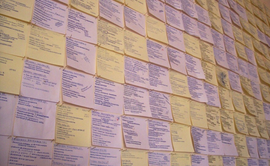Baume used Post-it notes to track two years of days — "all those upon which I wrote or tried to write, all the things I managed and didn't manage to cross off, all the little pieces of nothing I did in between."