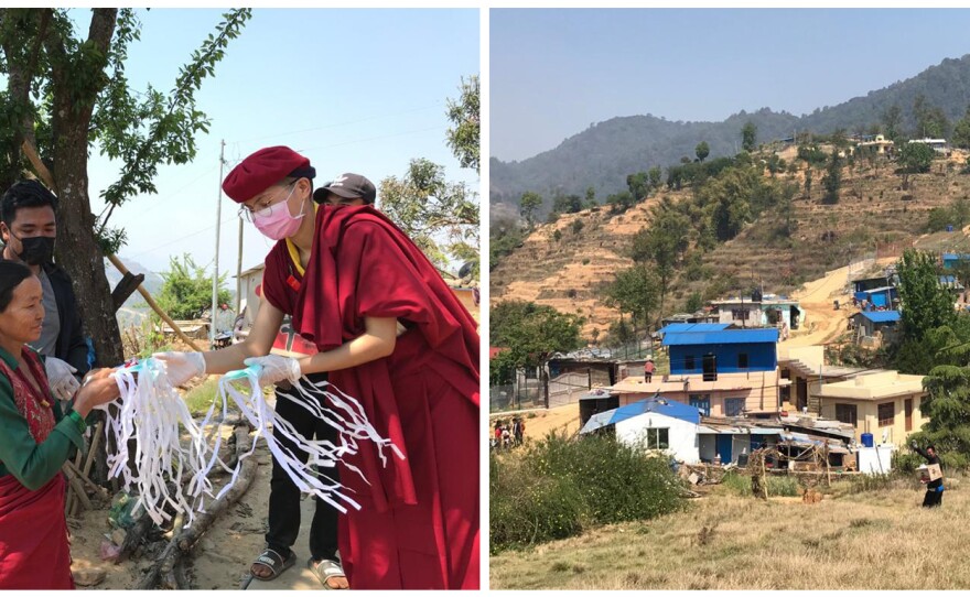 The nuns have played a role in addressing the coronavirus pandemic. Left: Delivering face masks and soap to at-risk communities in Kathmandu, Nepal, in April. They teach about the importance of handwashing and social distancing. Right: The nuns helped rebuild the houses with blue roofs after the 2015 earthquake. They have been checking in with these villagers during the lockdown.