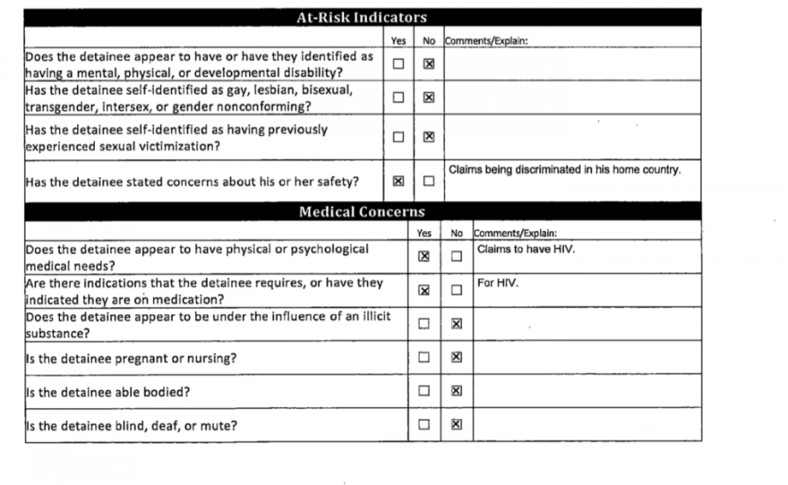 U.S. Customs and Border Protection 'Detainee Assessment' form dated Aug. 9, 2017. Although Luna Guzmán clearly told officials she feared homophobic violence, they did not check the box noting that she identified as LGBTQ.