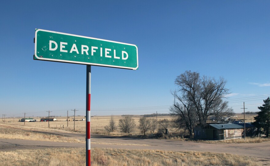 A marker on Highway 34, east of Greeley, Colo., shows where the African-American farming community of Dearfield once existed.