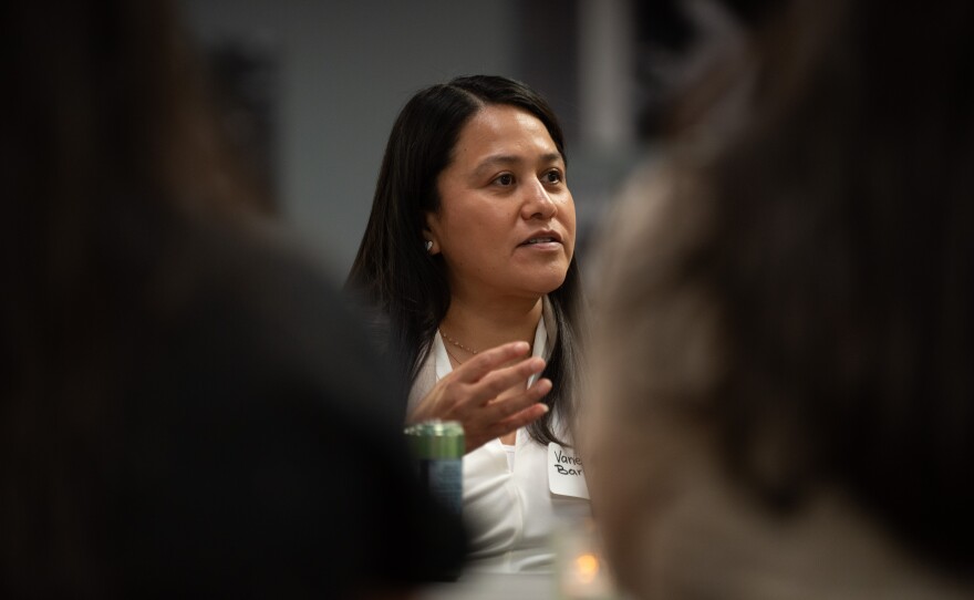 Vanessa Barrera, president of the Southwest Teachers Association, speaks at a KPBS community conversation on May 14, 2025.