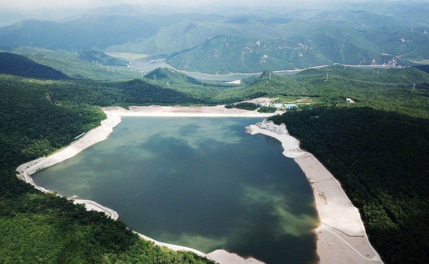 One of the reservoirs of the Huanggou pumped storage hydropower station, in Hailin, in northeast China's Heilongjiang Province on June 29, 2022. The power station has a generating capacity of 1200 megawatts.