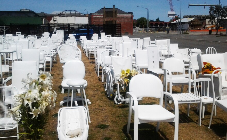 A memorial comprising empty chairs commemorate the 185 people killed by the Christchurch earthquake on Feb. 22, 2011.