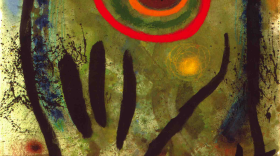 Detail of a painting by Joan Miró (Spain, active also in France, 1893–1983) this piece is "Head and Bird" painted in 1965. It is watercolor, gouache, crayon and oil paint on paper
