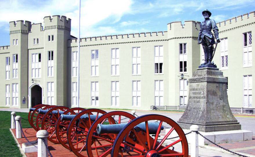 The statue of Confederate Gen. Thomas "Stonewall" Jackson seen in front of the barracks at Virginia Military Institute in an archival photo. VMI began removing the statue Monday.