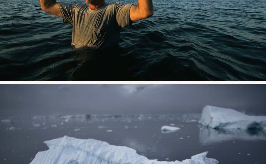 (Top image) Pete Vujnovich Jr. holds a photo of what was once his grandparents' home as he stands in that spot in the marshlands near Empire, La., in May 2004. (Bottom image) Icebergs float on the Lemaire Channel waters off the Antarctic Peninsula in January 2022. The increase in sea level rise from glacial runoff has the potential to overwhelm coastal regions around the world.