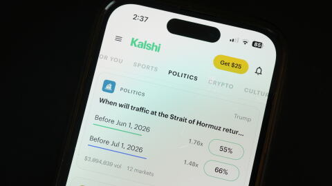 The prediction market app Kalshi is displayed on a mobile phone Thursday, April 16, 2026, in Chicago.