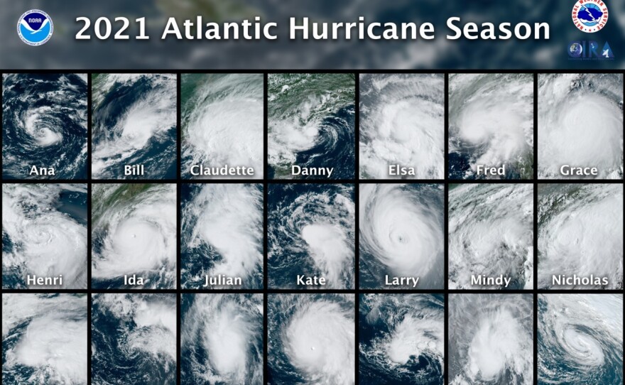 Year book: All 21 named storms from the busy 2021 Atlantic hurricane season are seen in a composite image from NOAA's GOES East satellite.