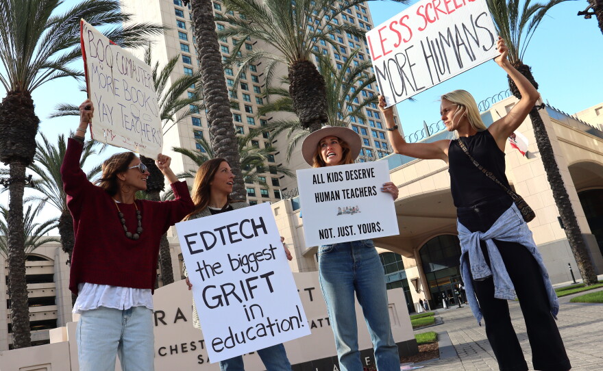 Renne Catalano-Gussman, Erin Payne, Elizabeth Johnson and Jess Keithly stand outside the Manchester Grand Hyatt in downtown San Diego on Monday, April 13, 2026.