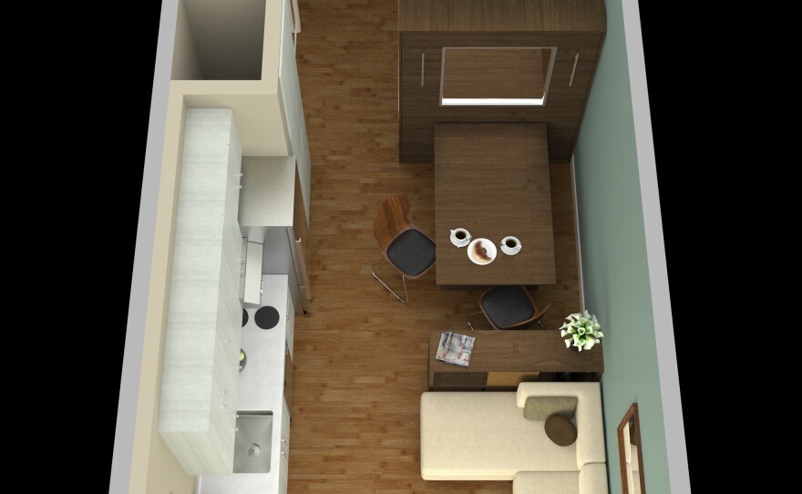 Spaces must serve double duty in micro-units — like the dining table above that converts into a Murphy bed.