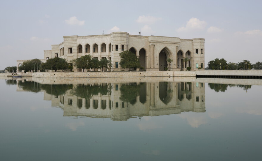 Former Iraqi leader Saddam Hussein's palace of al-Faw is seen in Baghdad, Iraq, Thursday, March 23, 2023. The palace is today the location of the American University.
