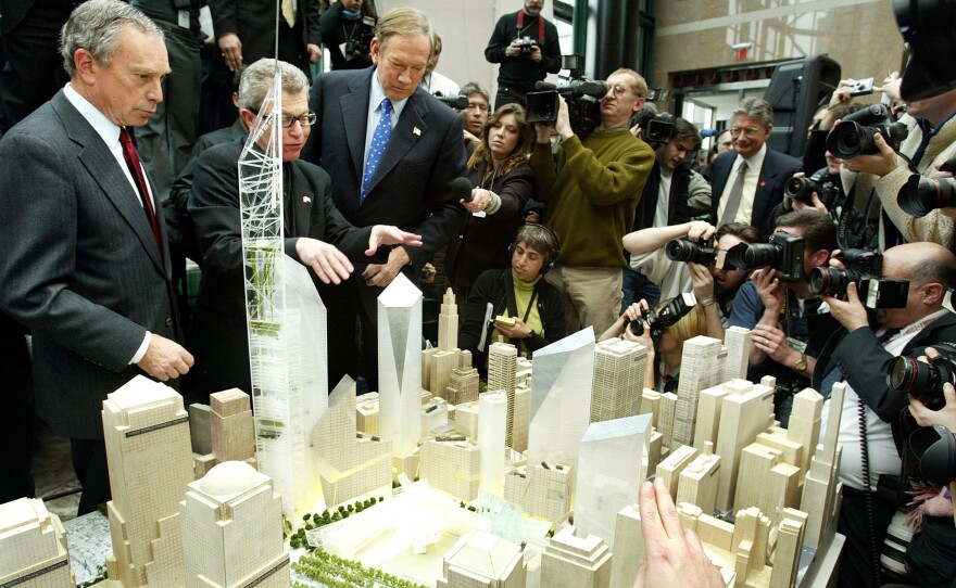 Architect Daniel Libeskind (second from left) presents his winning design for the World Trade Center site to New York Gov. George Pataki (third from left) and New York City Mayor Michael Bloomberg (left) at a media conference in 2003. Libeskind's design was selected as the winning site plan by the Lower Manhattan Redevelopment Corp.