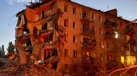 This photo provided by the Ukrainian Emergency Service shows a site of a residential building damaged by a Russian guided bomb in the city center of Sloviansk, Donetsk region, Ukraine, Monday, Aug. 31, 2026.