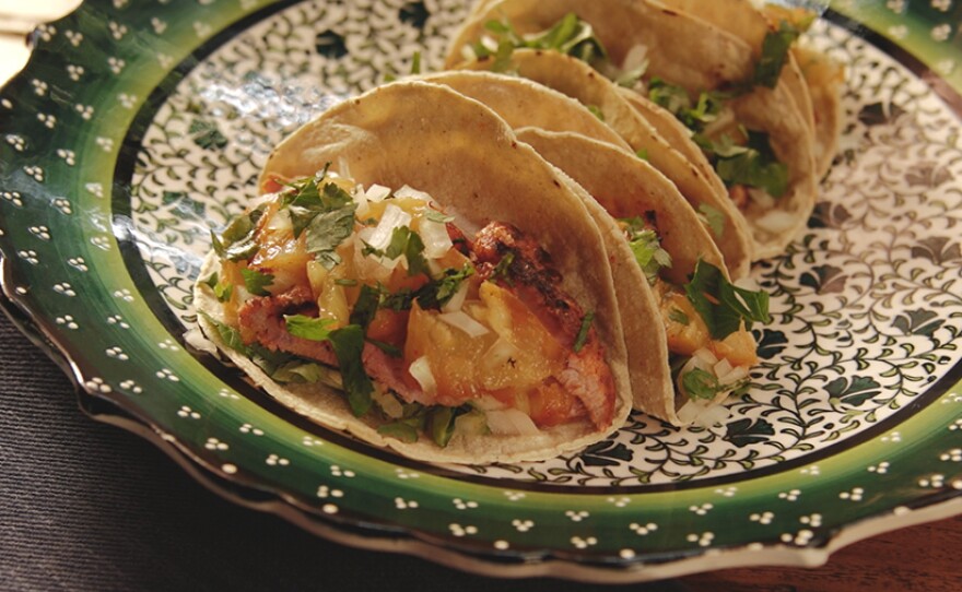 It's taco night in San Miguel, Mexico for the Jinich family with tacos al pastor with salsita.