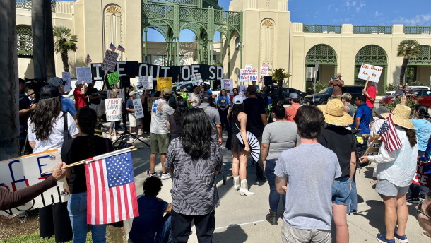 Protestors gather in front of Escondido City Hall, Sept. 24, 2026.