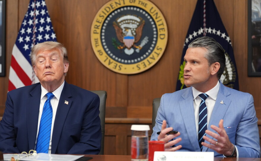 Defense Secretary Pete Hegseth speaks alongside President Donald Trump during a cabinet meeting, Friday, July 31, 2026, at Camp David, the presidential retreat, near Thurmont, Md., Friday, July 31, 2026.