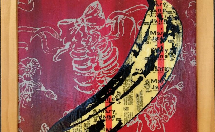 "Mary Jane's Bones & Bows." Mary Jane wrappers with ink and acrylic screen print on canvas. Artwork by Sean Brown. 2012.