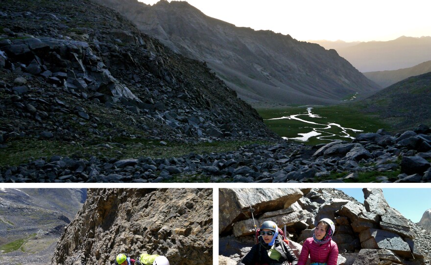 At top, a view from the expedition base camp toward the valley leading away from Mir Samir. At bottom left, Shopirai Otmonkhel, in white helmet, and Zahra Karimi Nooristani climb up an unnamed mountain. At bottom right, Maryam Azizi and Shopirai Otmonkhel are shown on just below the summit of a mountain they decided to call "Lion Daughters of Mir Samir."