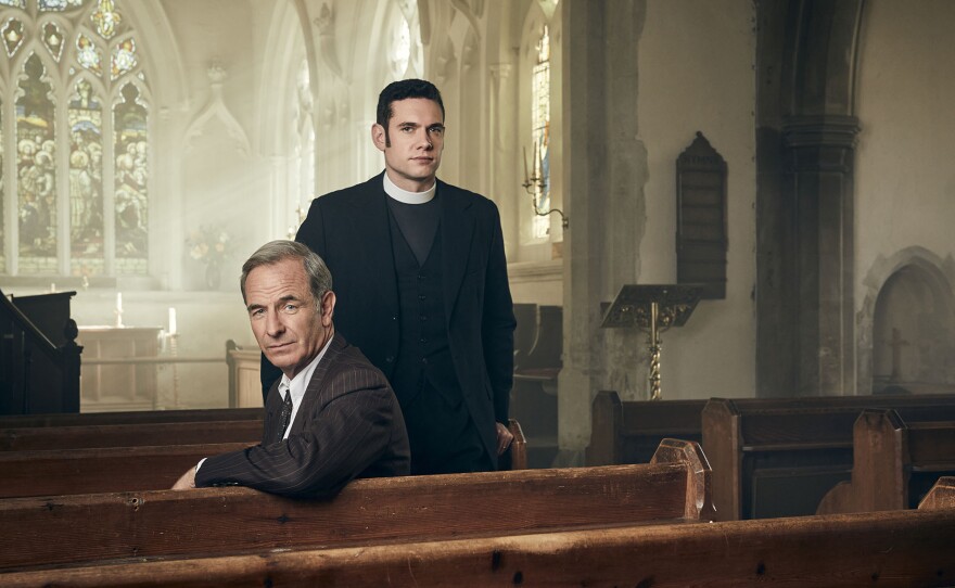 Detective Geordie Keating (Robson Green) and vicar Will Davenport (Tom Brittney) in GRANTCHESTER Season 8