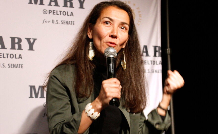 Mary Peltola, a Democrat running for the U.S. Senate seat in Alaska, addresses supporters at an election watch party on Aug. 18 in Anchorage.