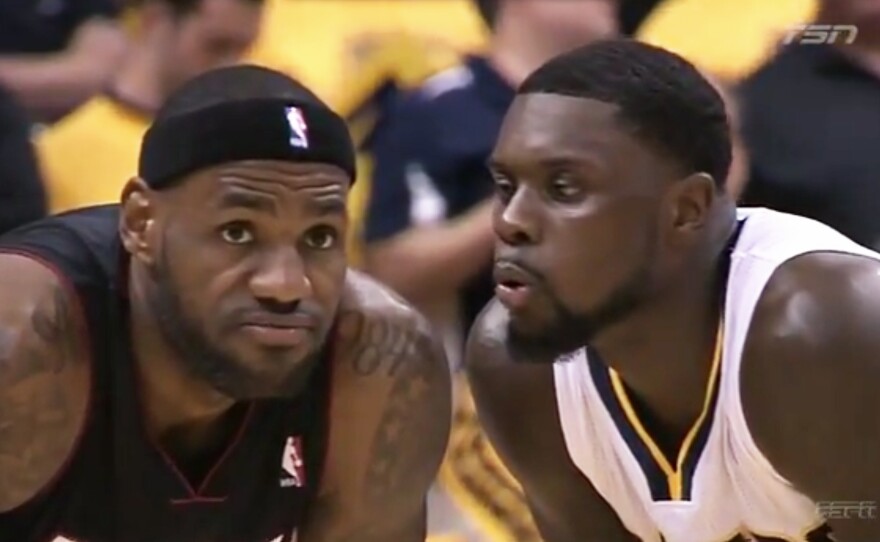 Lance Stephenson blows into Lebron James' ear during their playoff game Wednesday night.