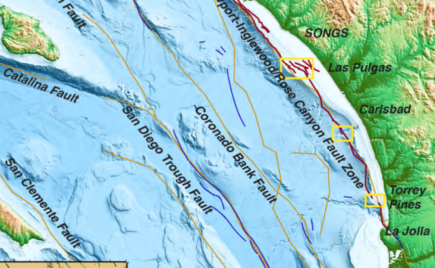 This map shows the Newport Inglewood Rose Canyon Fault, and underwater topography off the coast of Southern California, and the San Onofre Nuclear Generating Site, or SONGS, site, February 2017.