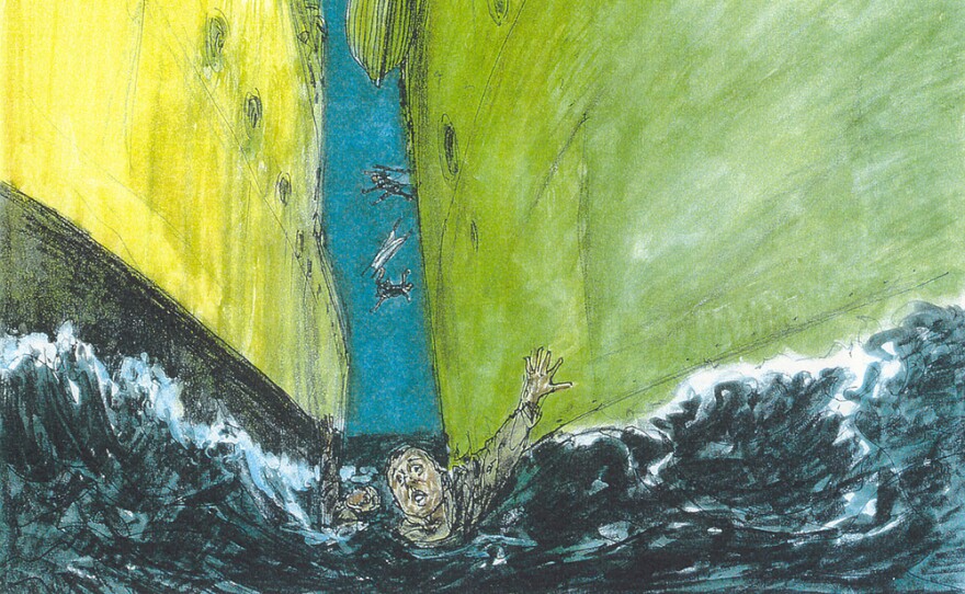A painting depicting the sinking of the SS Leopoldville in December 1944.