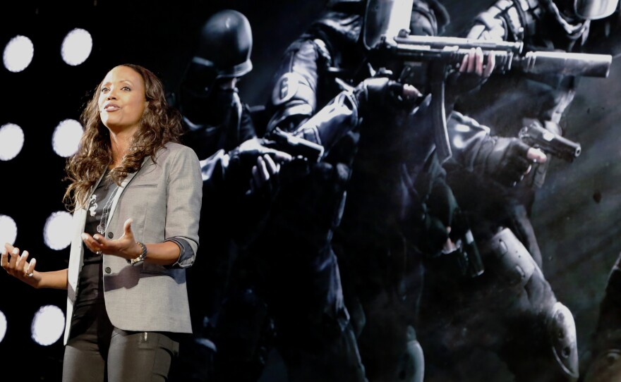 Actress and gamer Aisha Tyler hosted game developer Ubisoft's press conference at the Electronic Entertainment Expo in Los Angeles. The company was recently criticized for not animating female assassins in one of its new games.