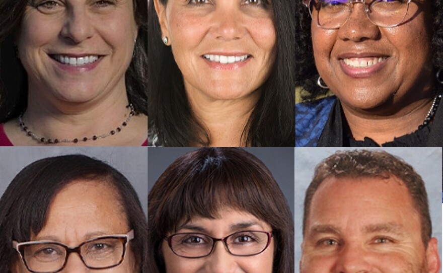 A photo collage of San Diego Unified School Board candidates (from left to right, top to bottom) Sabrina Bazzo, Crystal Trull, LaWana Richmond, Sharon Whitehurst-Payne, Camille Harris and Richard Barrera created on Oct. 14, 2020.